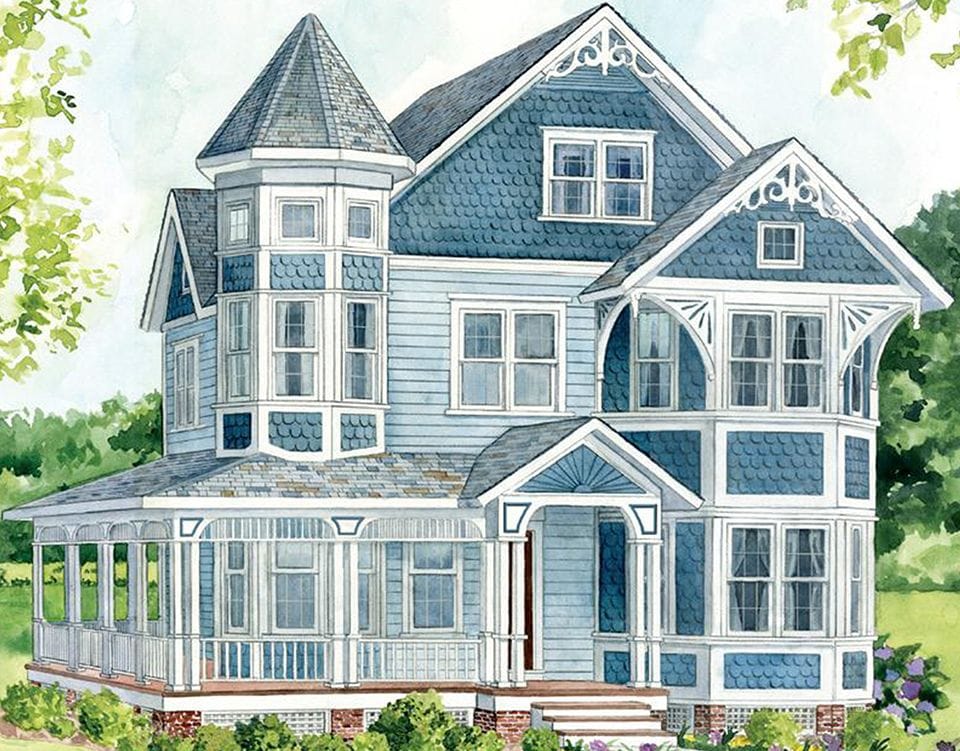 watercolor painting of a Queen Anne style home